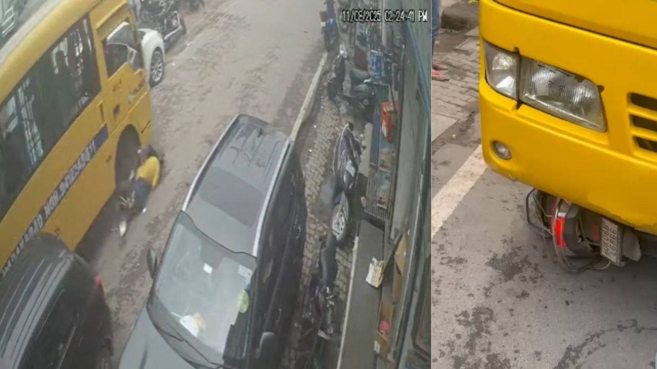 पहले स्कूल बस ने टक्कर मारी, फिर स्कूटी समेत 100 मीटर तक घसीटा; ऐसे बची महिला की जान