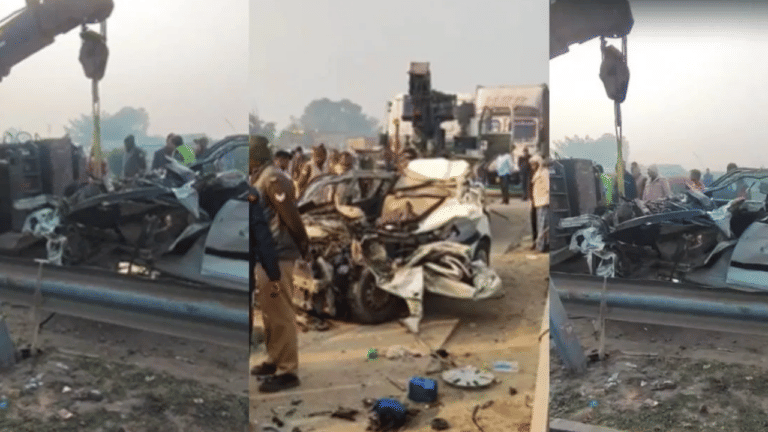 कंटेनर को टक्कर मारते ही कार के उड़े परखच्चे, पिता -बेटे समेत 4 की मौत