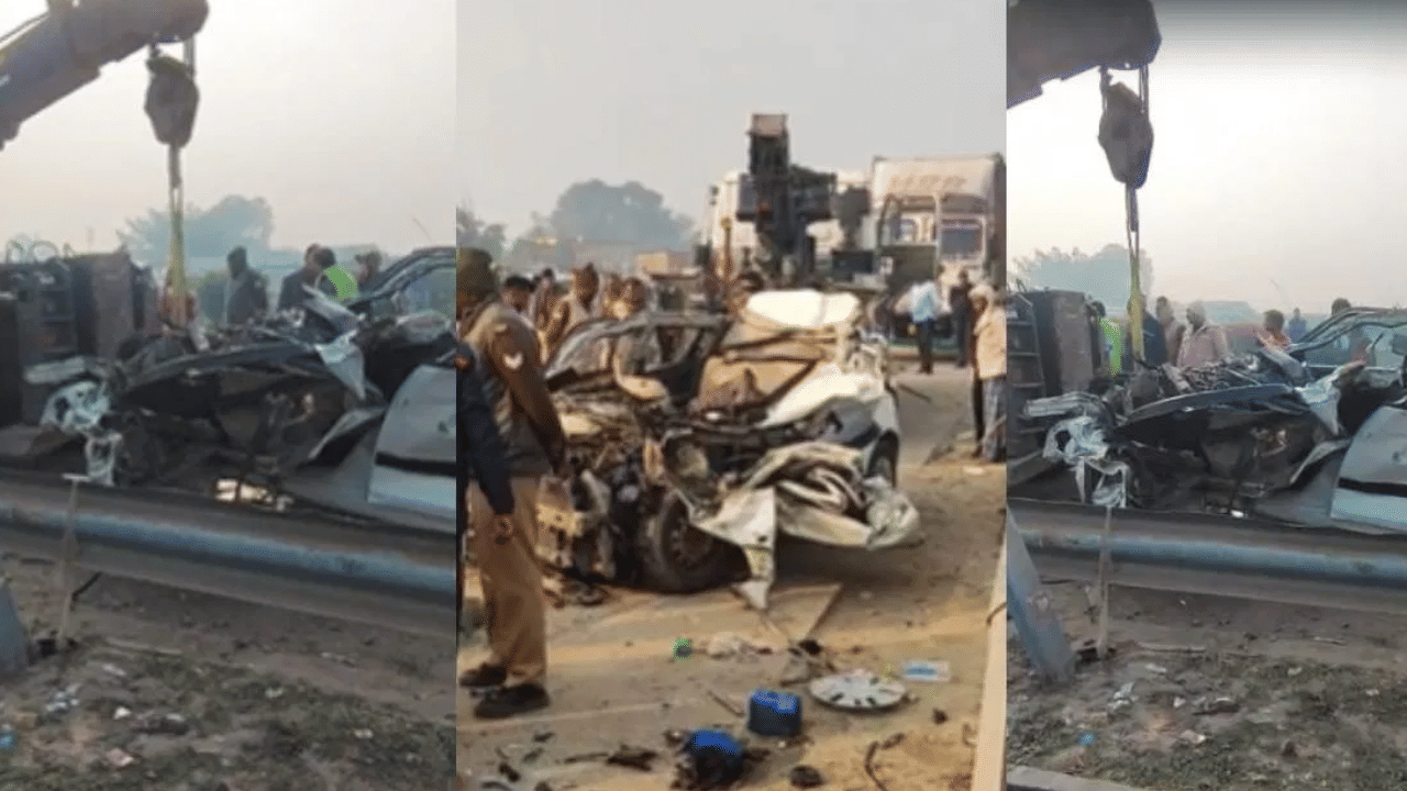 कंटेनर को टक्कर मारते ही कार के उड़ गए परखच्चे, पिता -बेटे समेत 4 की मौत