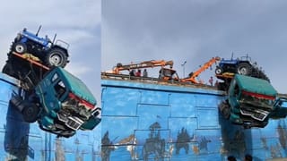 हाईवे की रेलिंग तोड़ हवा में लटका ट्रैक्टरों से भरा कंटेनर, बाल-बाल बचे राहगीर; टल गया बड़ा हादसा