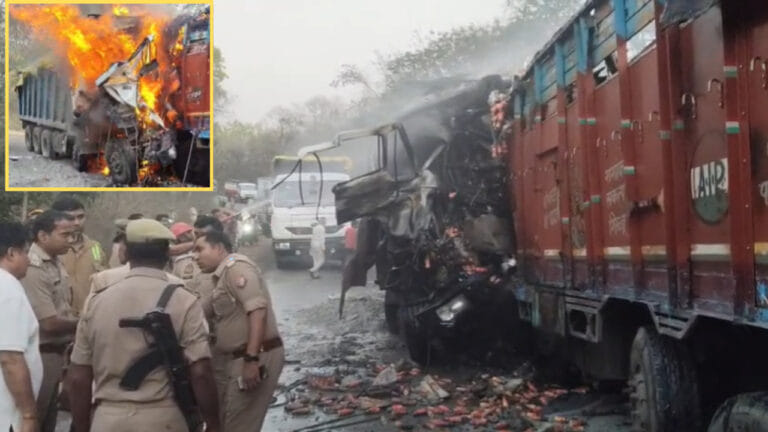 सोनभद्र में भीषण हादसा, ट्रकों की टक्कर के बाद लगी आग, 2 लोग जिंदा जले
