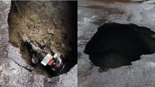 लखनऊ में 2 घंटे की बारिश ने खोली पोल! VIP रोड पर धंसी सड़क, गड्ढे में गिरा बाइक सवार